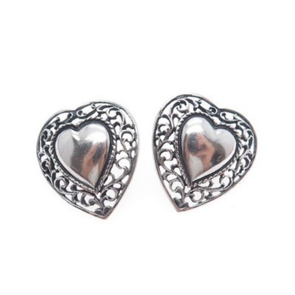 925 Sterling Silver Vintage Heart Filigree Oxidized Earrings - Picture 4 of 8